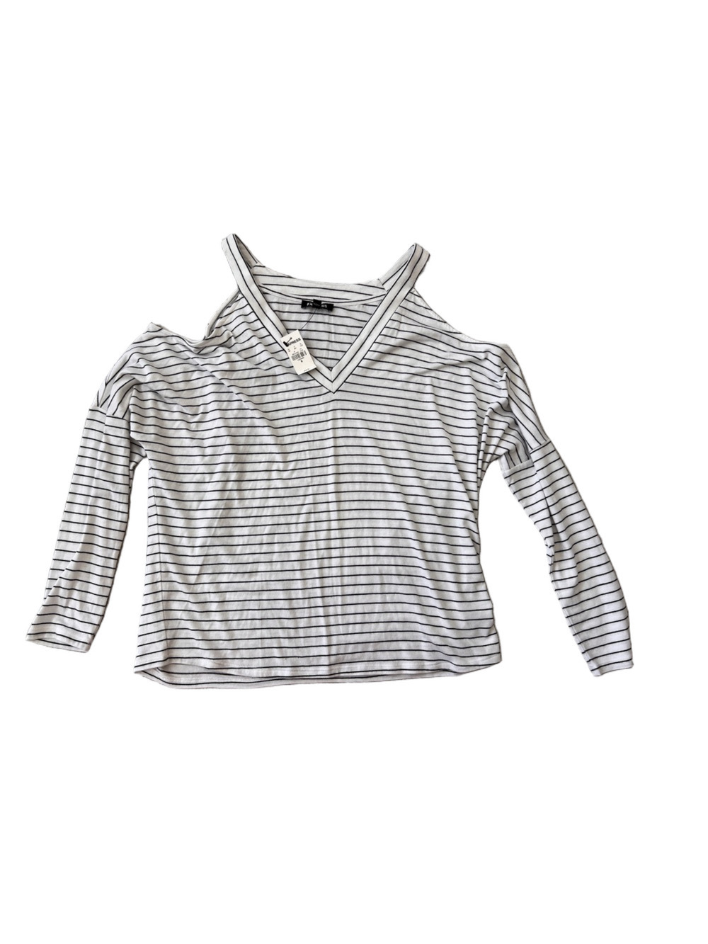 NWT ⭐️ Express White and Black Striped V-Neck Shoulder Cut Out Long Sleeve Top